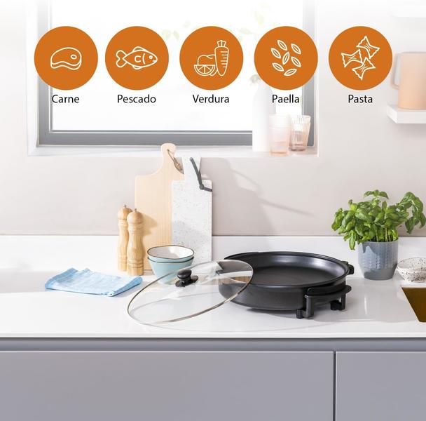 Paellera sartén eléctrica 36 cm x 7 cm 1500w antiadherente | tapa cristal | termostato regulable