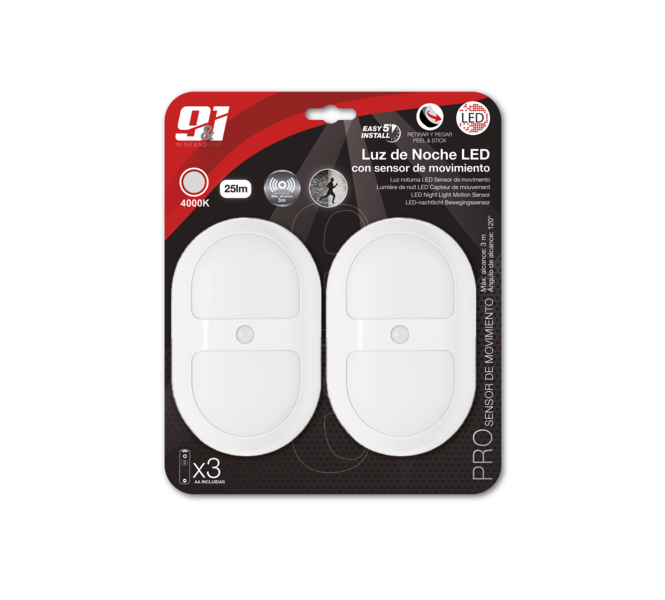 Pack 2 luces de noche led ovalada con sensor 0,5w 25lm 4000k
