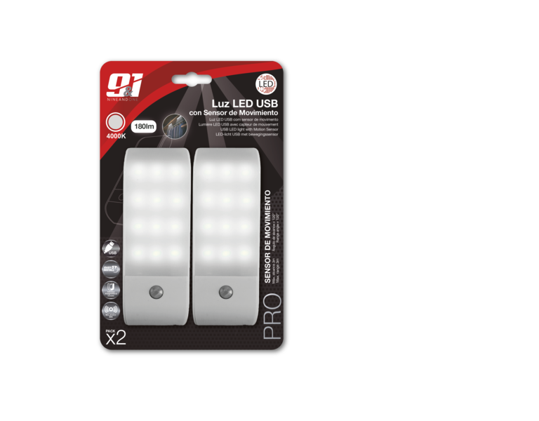 Pack 2 luz led de armario magnetica 180lm con sensor y usb