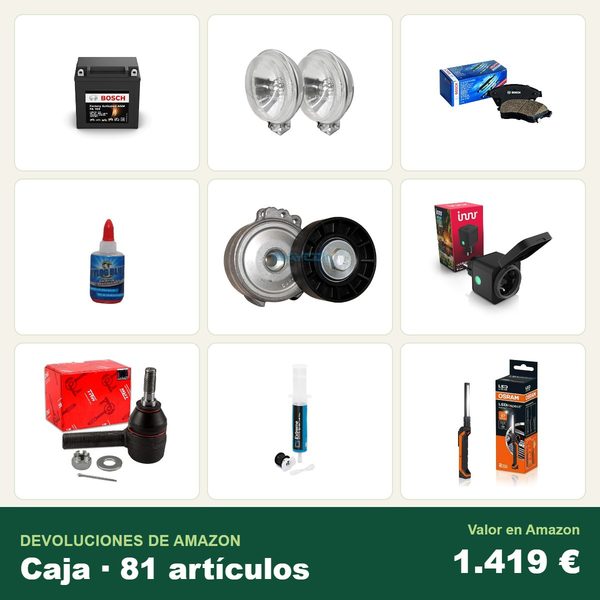 Caja de 81 devoluciones de amazon · recambios y accesorios de coche · 1.419 € de valor en amazon
