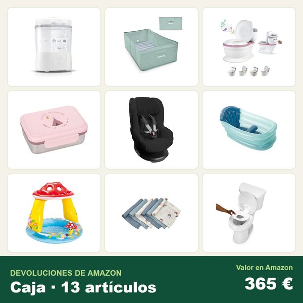 Caja de 13 devoluciones de amazon · bebé y puericultura · 365 € de valor en amazon